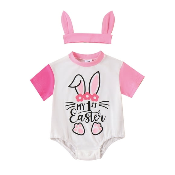 WIFORNT Baby Easter Outfit, Short Sleeve Crew Neck Letters Print Bodysuit with Bunny Ears Headband for Girls Boys