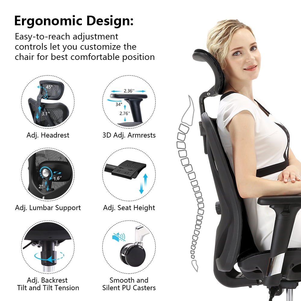 SIHOO M57 Ergonomic Office Chair with 3 Way Armrests Lumbar Support and  Adjustable Headrest High Back Tilt Function Black
