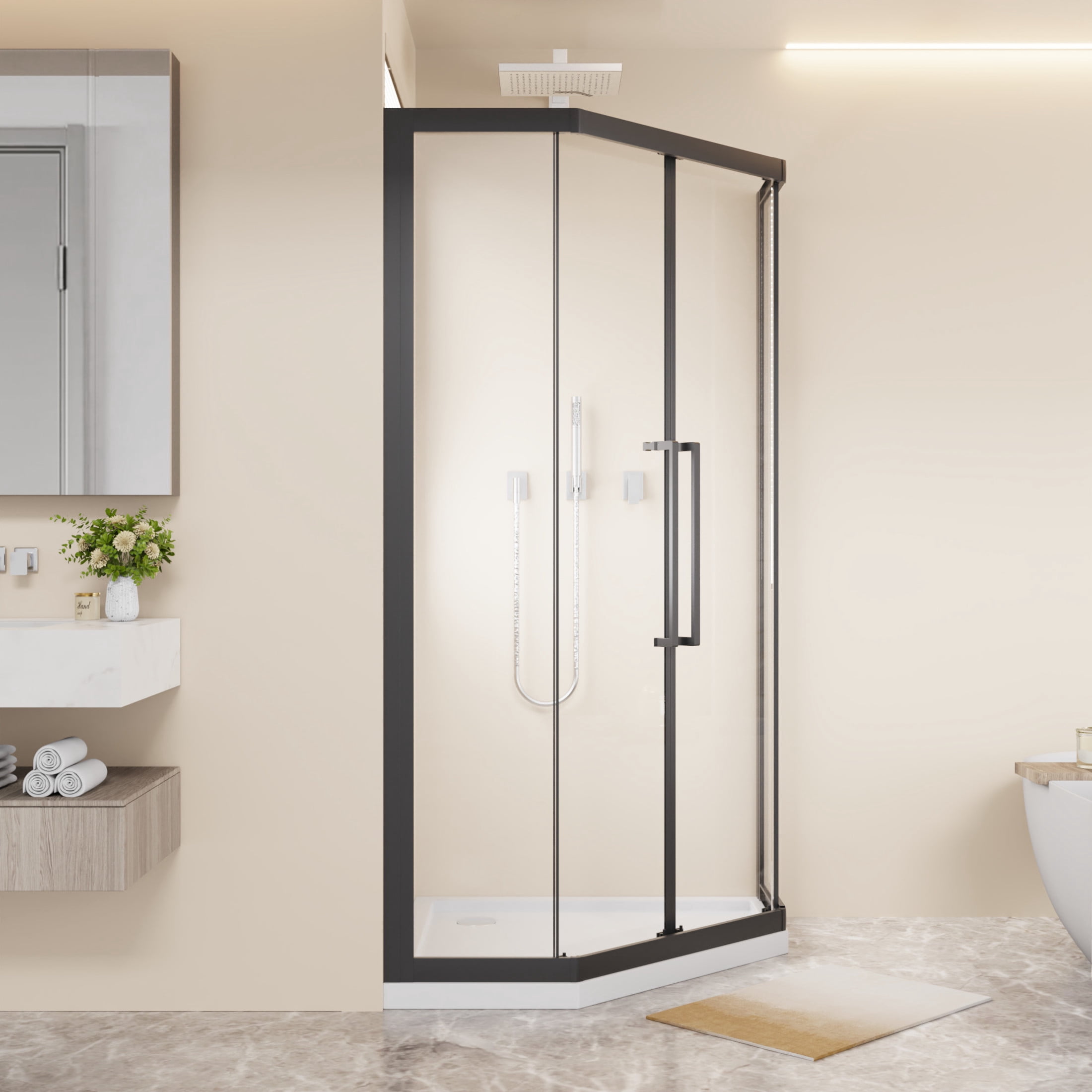 Noble House 36" x 72" Neo-Angle Sliding Shower Enclosure, Clear Tempered Glass Diamond Shower Door, Matt Black