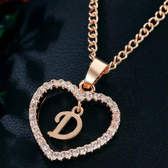EOEMY A-Z Rose Gold Heart Alphabet Letter Necklace Initial Name Pendant Chain Choker-D