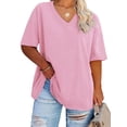 thumbnail image 2 of Langwyqu Solid Color V Neck Women Plus Size Casual Tee Shirt Loose Fit Tunic Tops, 2 of 5