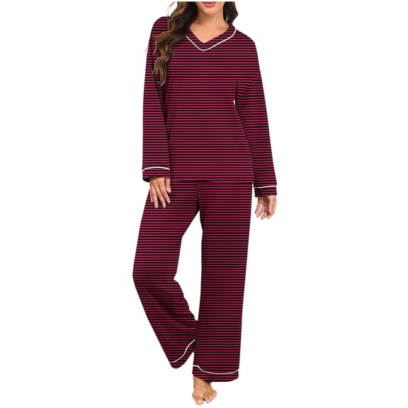 Posijego Striped Pajama Sets for Women Long Sleeve V Neck Casual Sleepwear Tops and Pjs Pants Lounge Outfits