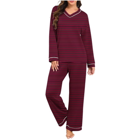 hoksml Women s Striped Pajama Set Loose Fit V-Neck Long Sleeve Top and Lounge Pants Casual Comfortable Loungewear Sleepwear Two-Piece