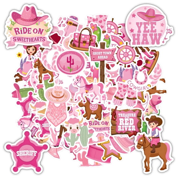 35pcs-50pcs Pink Cowgirl Stickers Western Rodeo Stationery Stickers for Notebooks Luggage Suitcase