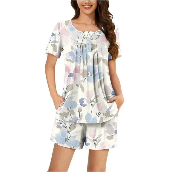 Tnhcen Casual Women's Nightdress Set Short Sleeve Round Neck Blouse and Shorts Homewear Ensemble S-3XL