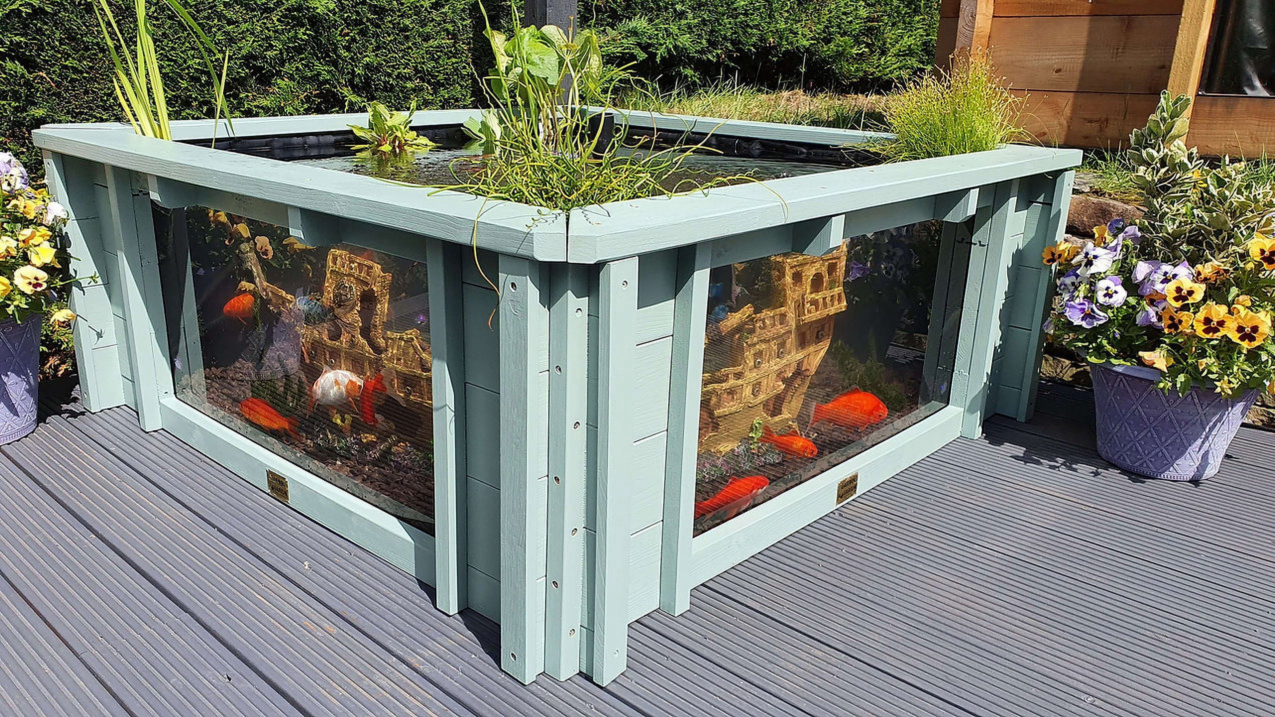 Raised Square Wood Pond with Large Windows Lotus Clear View Garden Aquarium in Green - 172 Gallons