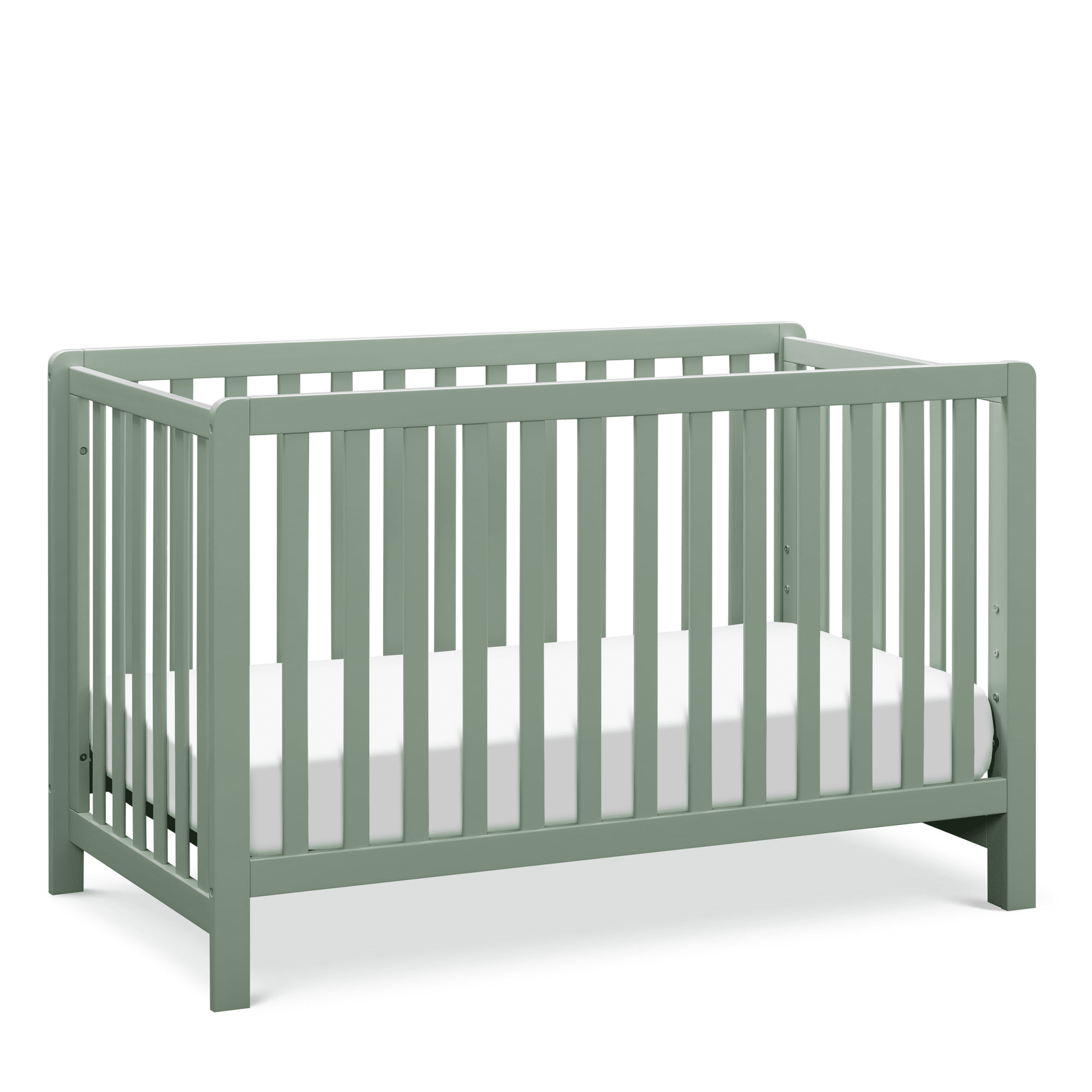Colby 4-in-1 Low-profile Convertible Crib in light sage + Comfort Crib and Toddler Mattress