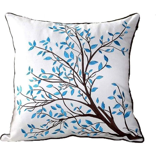 Funda de cojín bordada de 18 pulgadas, decoración del hogar, funda de almohada de lino y algodón bordada, azul