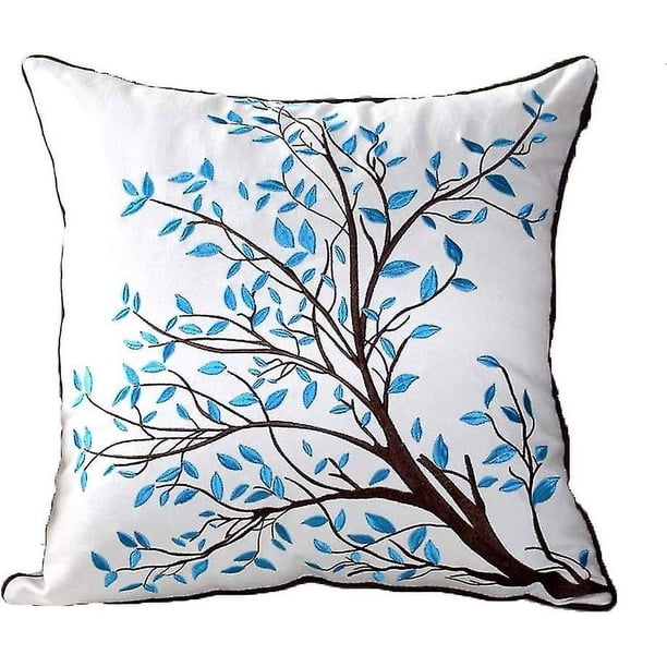 Funda de cojín bordada de 18 pulgadas, decoración del hogar, funda de almohada de lino y algodón bordada, azul