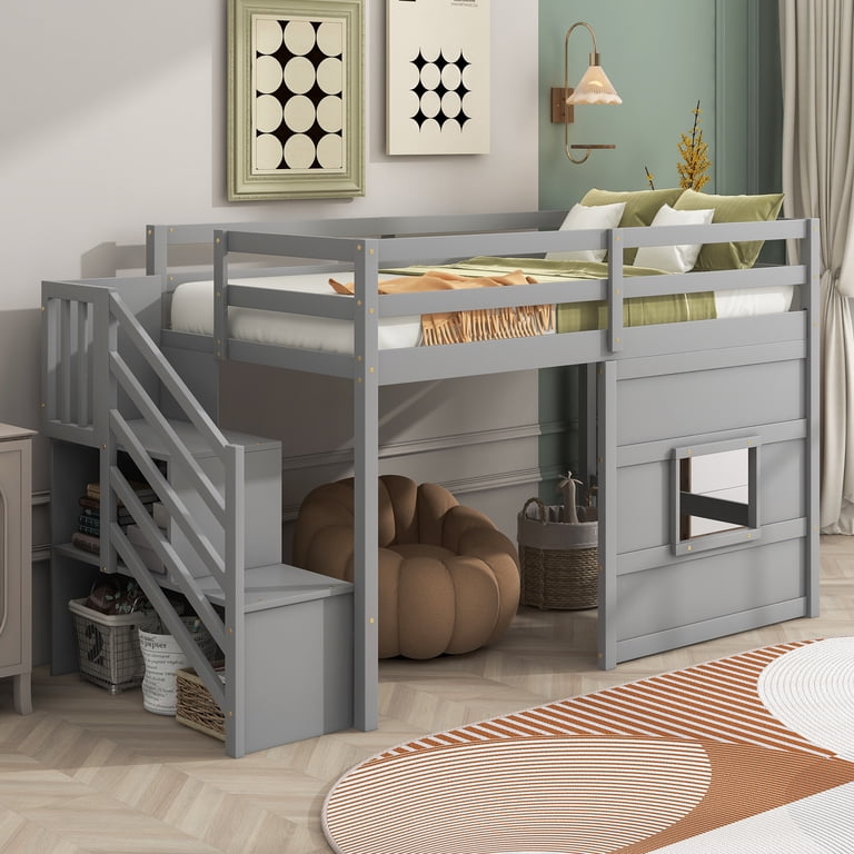 Twin Low Loft Bed With Stairs & Drawer – Kids Bed Frame With Storage, Under-Bed Play Area