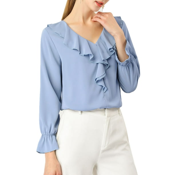 BLUSA CON VOLANTES PARA MUJER INSPIRE CHIC, ELEGANTE, CON ESCOTE EN V, DE MANGA LARGA, TOP FORMAL EN GRIS AZUL