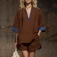 thumbnail image 6 of Delconic Women Bohemian Print V Neck Short Sleeve Top and Split Hem Shorts Two Piece Summer Set for Casual and Daily Wear Brown L, 6 of 6