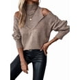 thumbnail image 2 of Women Cold Shoulder Sweater Turtelneck Cut Out Pullover Sweater Casual Long Sleeve High Neck 2 in 1 Tops Khaki S, 2 of 10