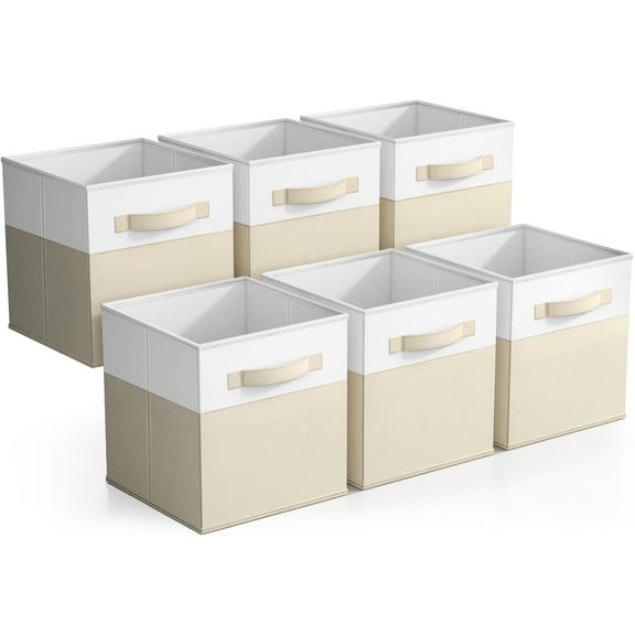 Sorbus 11" Foldable Storage Cubes – 6-Pack Fabric Bins for Closet, Shelves & Cubby Organizer – Collapsible Cloth Baskets for Home Organization, Beige/White