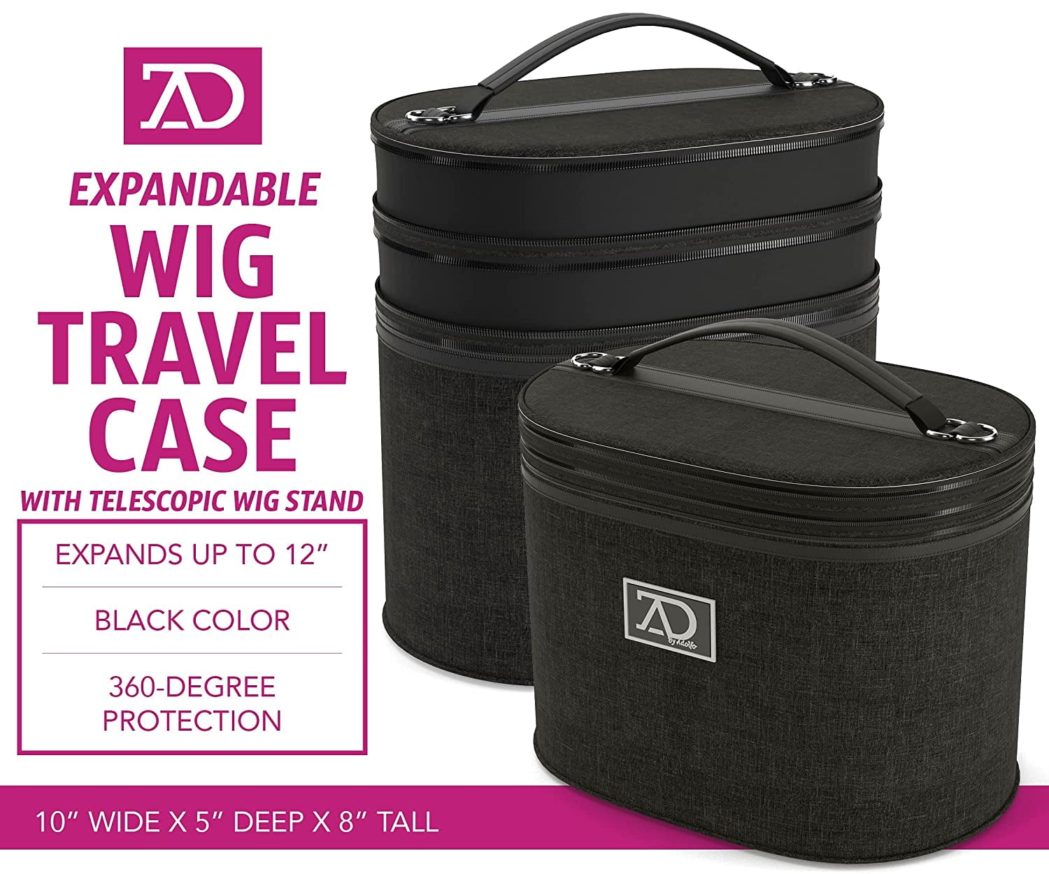 8"-12" High Wig Box with Collapsible Wig Stand - Dome Foam Wig Head Stand in Zipper Carrying Case w/Handle for Safe Traveling Storage of Wigs, Lace Front Cap, Toupee (Denim Black)