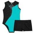 thumbnail image 5 of SiiRoh Girls Sleeveless Gymnastics Ballet Dance Leotard Tumbling Biketard with Active Shorts Blue Green&Black 6, 5 of 7
