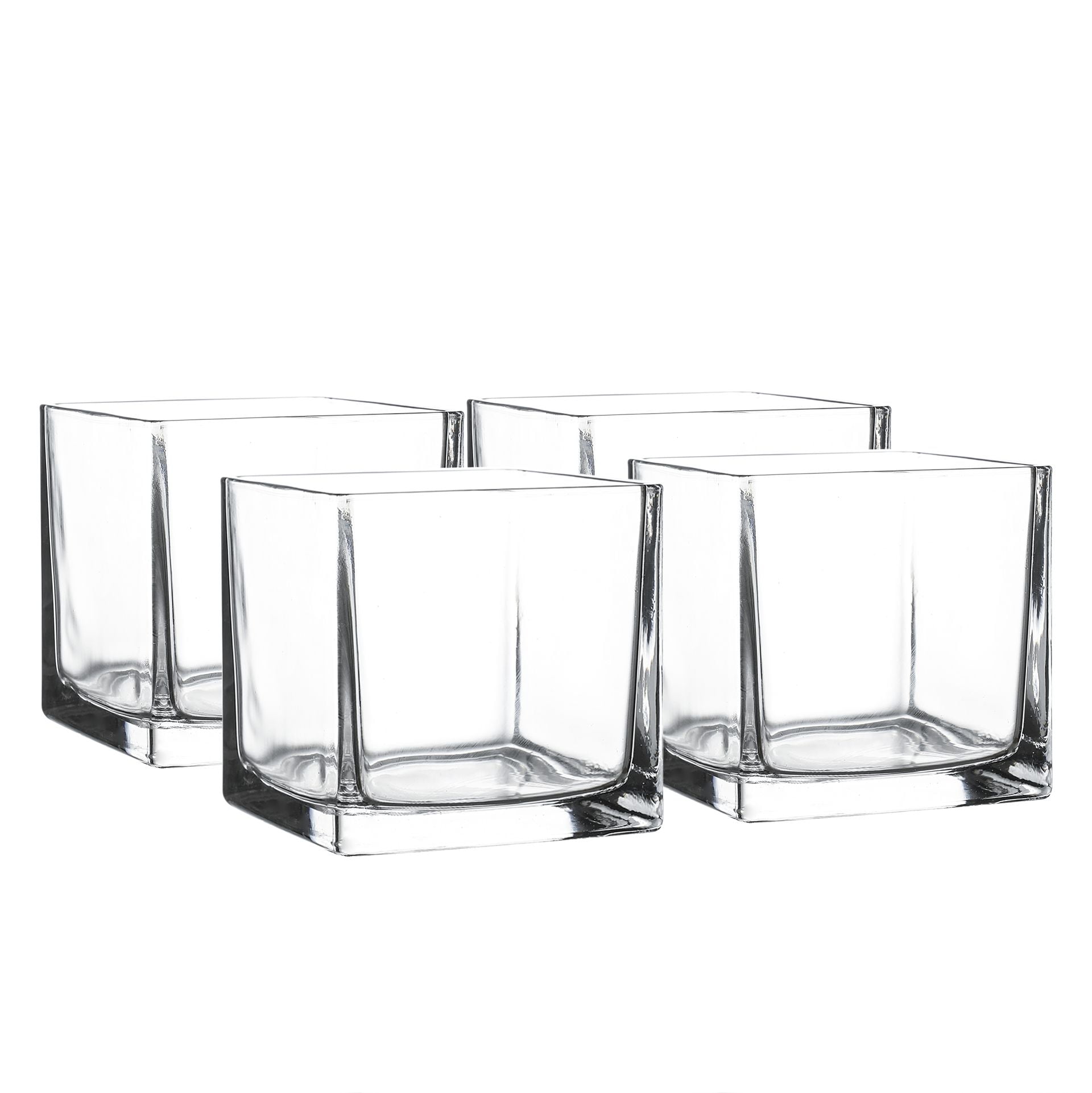 5" Square Glass Vase, Candle Holder, 4 Pack Clear Cube Centerpiece