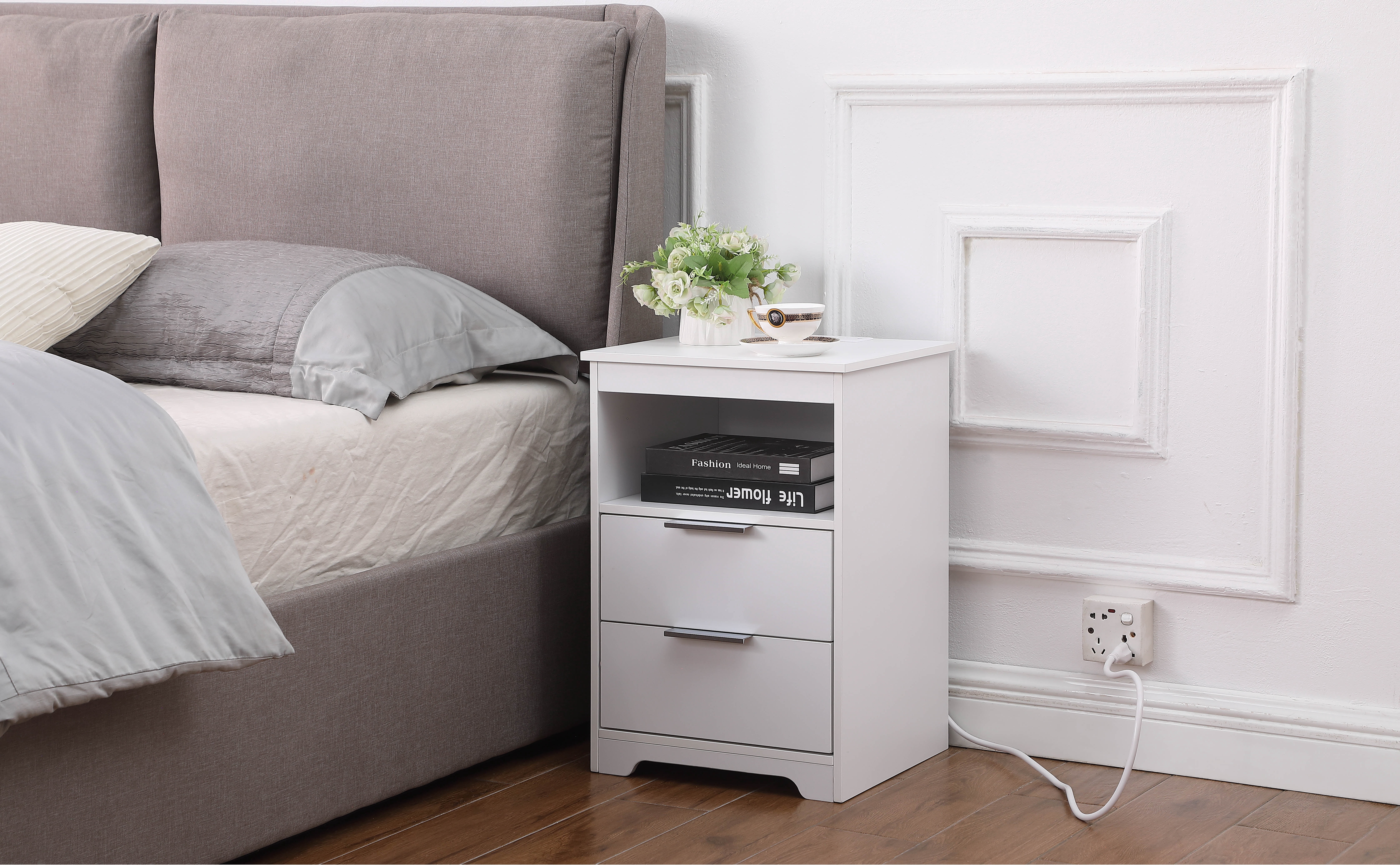Nightstand with Charging Station,End Table with 2 Drawers,Wooden End Table with Drawer and Opening Shelf,Side Table for Bedroom, White