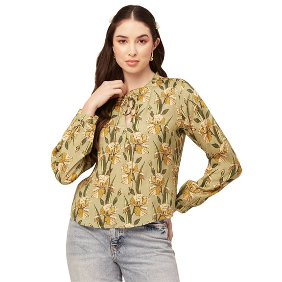 Moomaya Printed Women Top Long Puffed Sleeves Casual Viscose Tunic Top