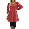 thumbnail image 2 of WREESH Womens Fashion Long Puff Sleeve Dress Side Button Casual Solid Color Long Sleeve Round-Neck Calf Dress Pullover Red, 2 of 8
