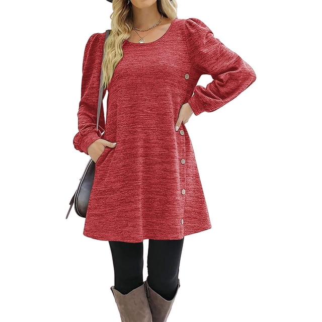 TopLLC Robe Mi-Mollet à Manches Longues Col Rond Mode Décontractée Couleur Unie Robe Mi-Mollet à Manches Longues Robe Femme