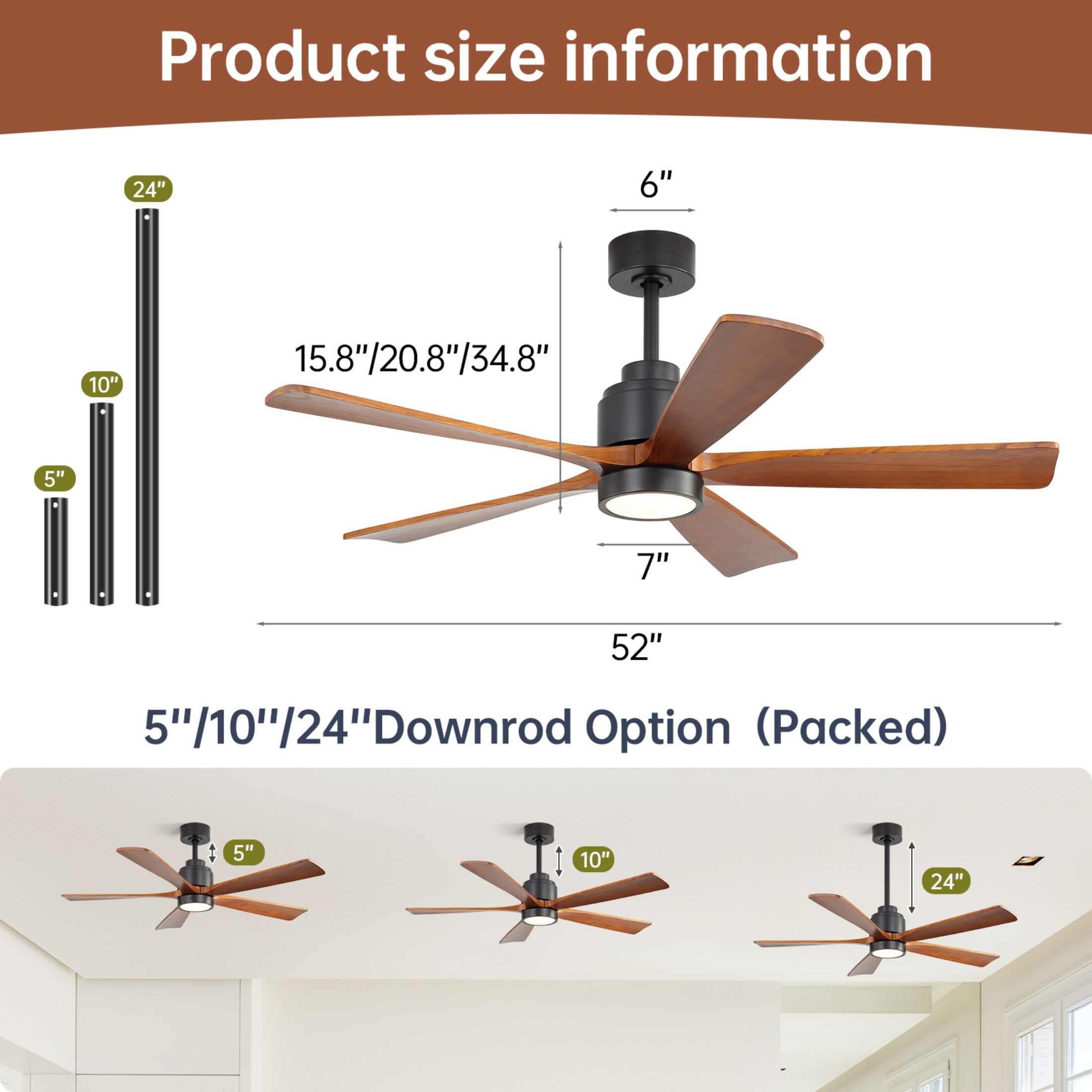Sofucor 52" Ceiling Fan with Lights, Remote Control, Reversible Noiseless Motor, 3 Walnut Wooden Blades
