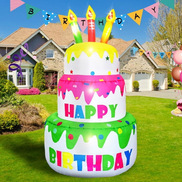 DearSun 4FT H Inflatable Happy Birthday Cake, Blow up Birthday Cake with Lighted Candles 6 LED Lights Inside for Outdoor Indoor H