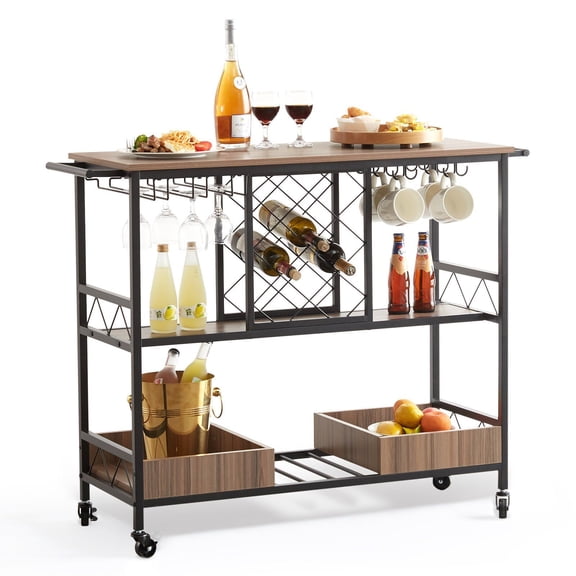 3-Tier Rolling Service Cart with Wine Rack & Glass Holder, 300 lb Capacity - Mobile Bar and Kitchen Utility Cart