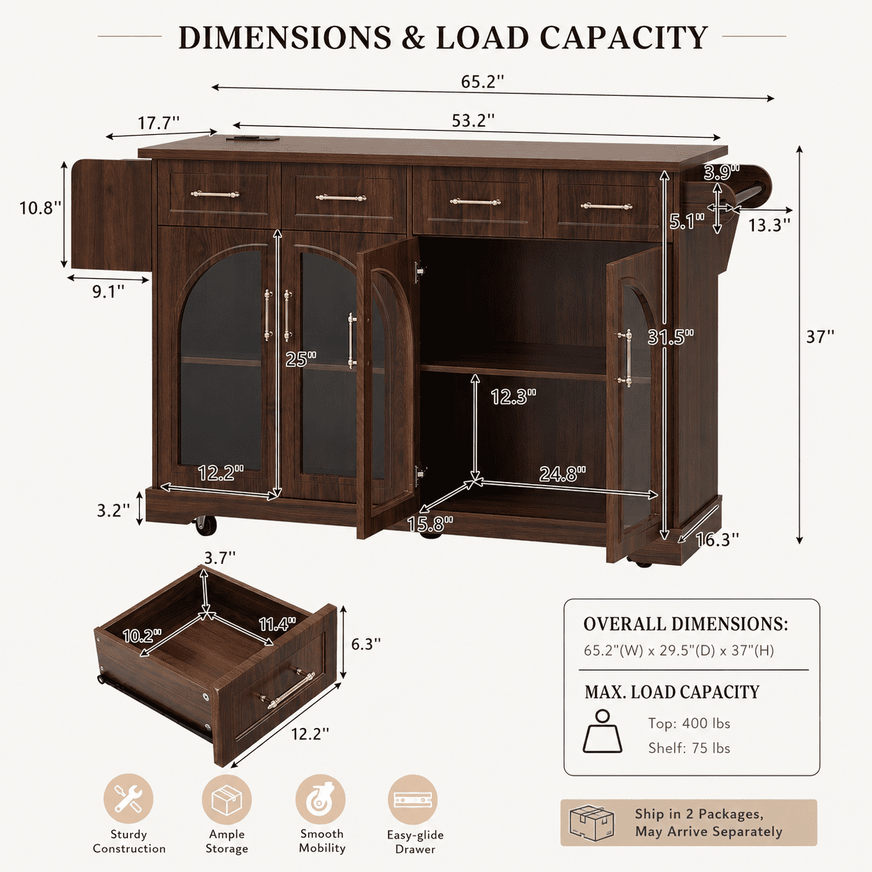 Homy Casa 65.2" Kitchen Island with Storage, Drop Leaf, Power Outlet and Arched Glass Doors, Walnut Brown