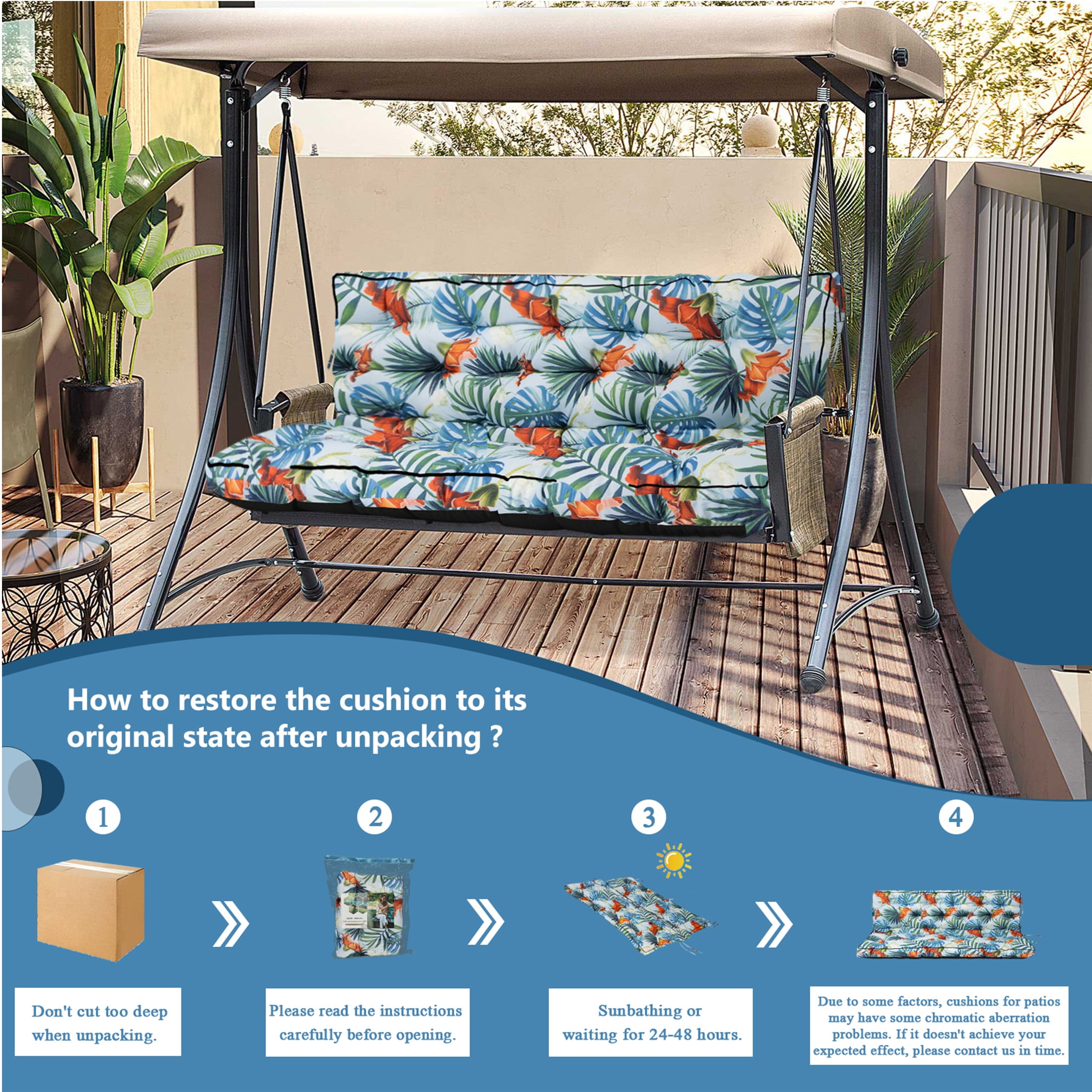 Porch Swing Cushion Thicken 4", 63" Swing Cushions 2-3 Seater Replacement, Waterproof Bench Cushions with Backrest, Anti-Fading Patio Swing Chair Pads for Outdoor Garden Furniture