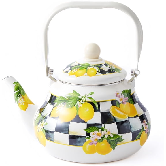 CZQ Checkered Tea Kettle with Lemon Pattern – 2 Quart Enamel Stovetop Teapot for Women, Home Cooks, and Farmhouse Kitchen Decor – Decorative Tea Kettle for Boiling Water on Gas or Induction Stove