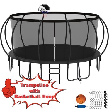Kumix Trampoline 16FT 1500LBS Trampoline for 5-6 Adults/ 10 Kids, Recreational Trampoline with Enclosure, Basketball Hoop, Wind Stakes, Outdoor Galvanized Full Spray Trampoline, No Gap Design