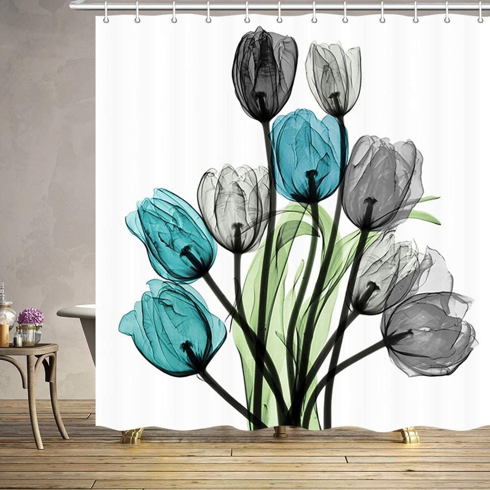 Heavenly Designs Watson Bathroom Accessories - Elegant Tulip 5-Piece Shower Curtain Set – Light Blue, Black & Gray Floral Design