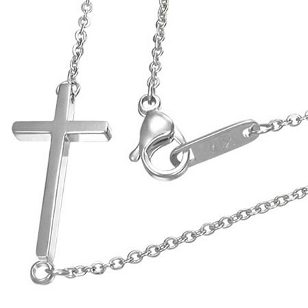 - Stainless Steel Sideways Horizontal Cross Pendant Necklace, 18