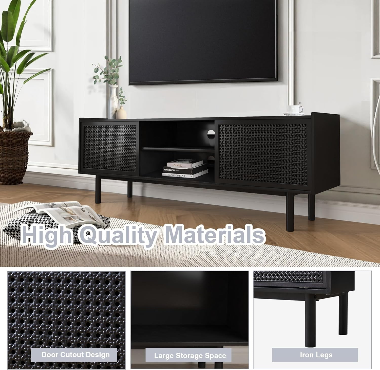 Weselon TV Stand for 70" TVs, Iron Rattan Storage Cabinet
