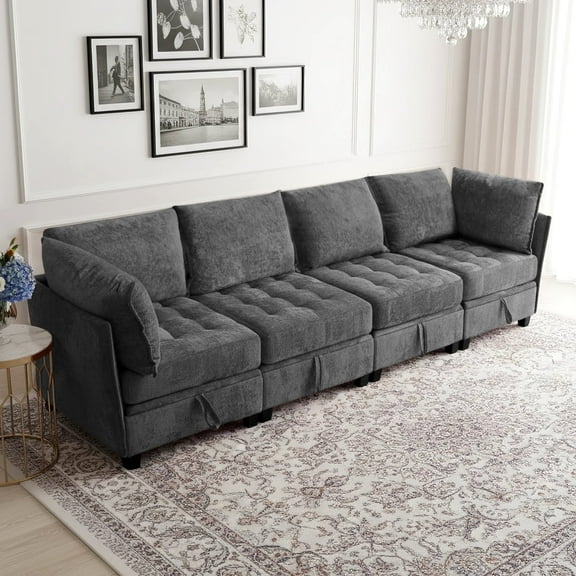 Advwin 4-Seater Oversized Modular Sectional Sofa with Storage Under Each Seat, Chenille Convertible Comfy Couch Sleeper with Extra Wide & Deep Seat for Living Room, Dark Gray