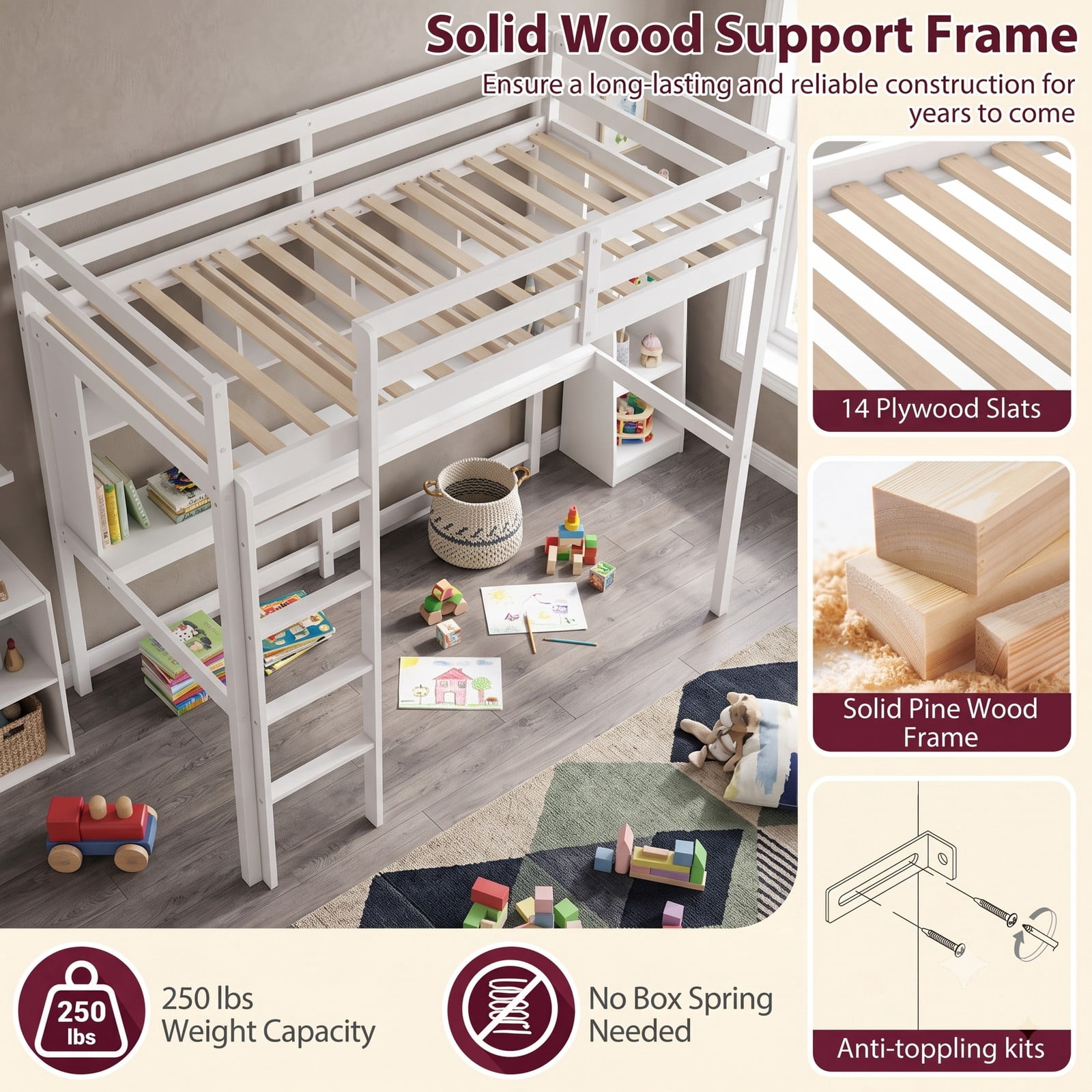 Furnibear Twin Size Loft Bed with Desk and Shelves for Home Dorm Apartment, Space-Saving Wood High Loft Bed with Ladder, No Box Spring Needed, White