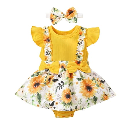 

Youmylove Infant Girls Ruffles Fly Sleeve Sunflower Floral Printed Romper Newborn Bowknot Ribbed Bodysuits Headbands Outfits Baby Summer Autumn Clothing