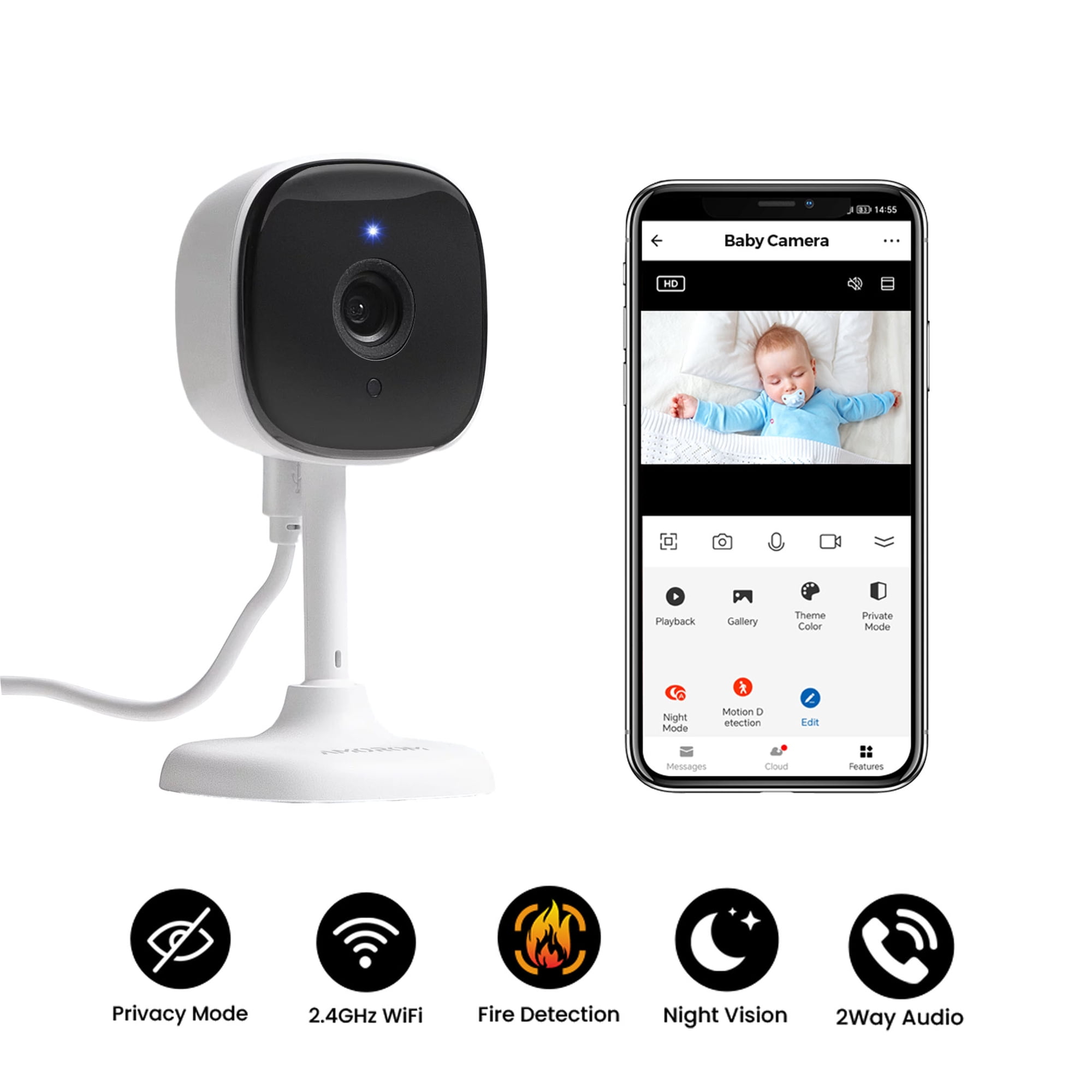Amorom Indoor Camera for Home Security, 1080p Baby Monitor with Motion Detection(2.4GHz Wifi)