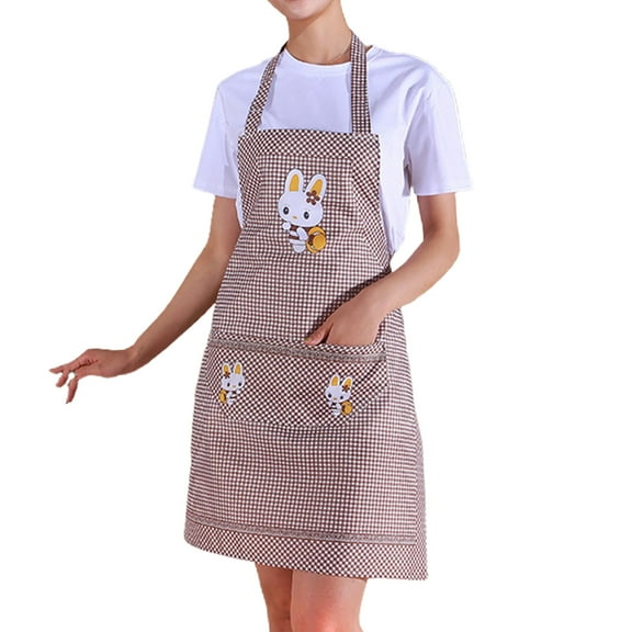 Farfi Kitchen Apron Sleeveless Waterproof Oil-proof Comfortable Adjustable Home Cleaning Tools Double Pocket Cute Cartoon Rabbit Adults Lady Women Apron Household Supplies (Khaki)