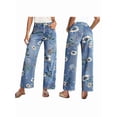 thumbnail image 2 of Floral Print Wide Leg Pants for Women Trendy Mid Rise Boho Ankle Cute Jeans Light Blue L, 2 of 9