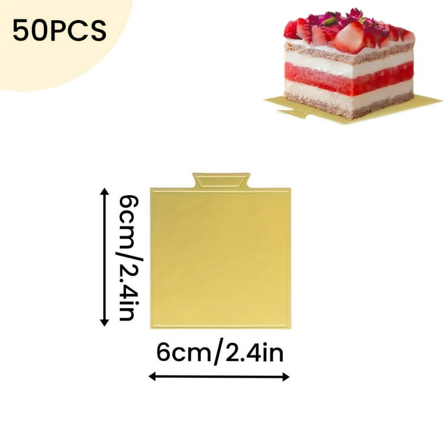 AMERTEER 50/100pcs Square Mini Paper Cardboard Golden Mousse Cake Base Food Grade Durable Disposable Cupcake Boards Easy-Grip Handle Baking Dessert Boards Design for Wedding and Birthda