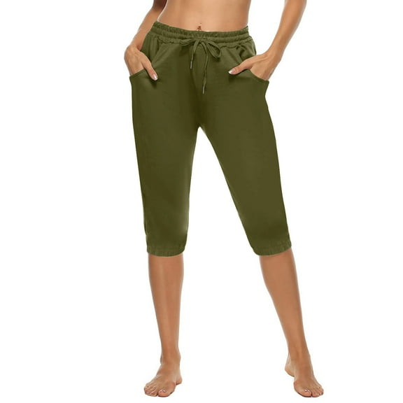 LEBONYARD High Waisted Capris for Women,Women's Yoga Pants Loose Soft Drawstring Workout Sweatpants Outdoor Causal Pants with Pockets Army Green S