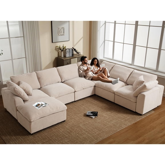 GNIXUU 7-Seater Oversized Modular Sectional Sofa Couch,Chenille Cloud Corner Sofa Modern U-Shaped Comfy Couches with Ottoman for Living Room, Office,Spacious Space,Beige