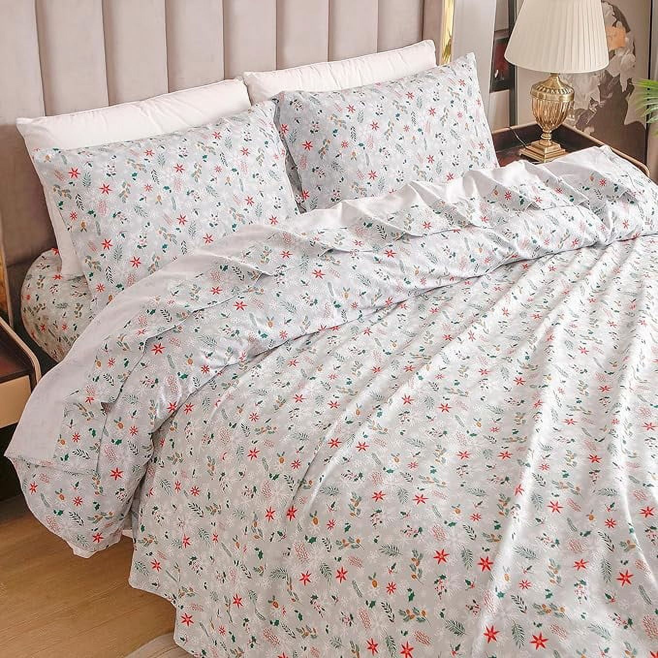 Elegant Comfort - 4 PIECE Holiday Christmas Flannel Cotton Sheet Set, Deep Pocket Fitted - Full, Poinsettia
