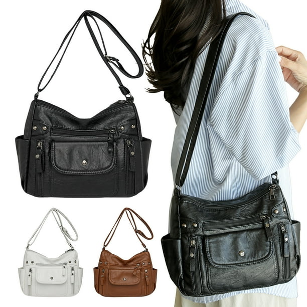 Bolso de mano de gran capacidad para mujer - Bolso de hombro multicapa con cuero PU, blanco/marrón, 25x21x10cm