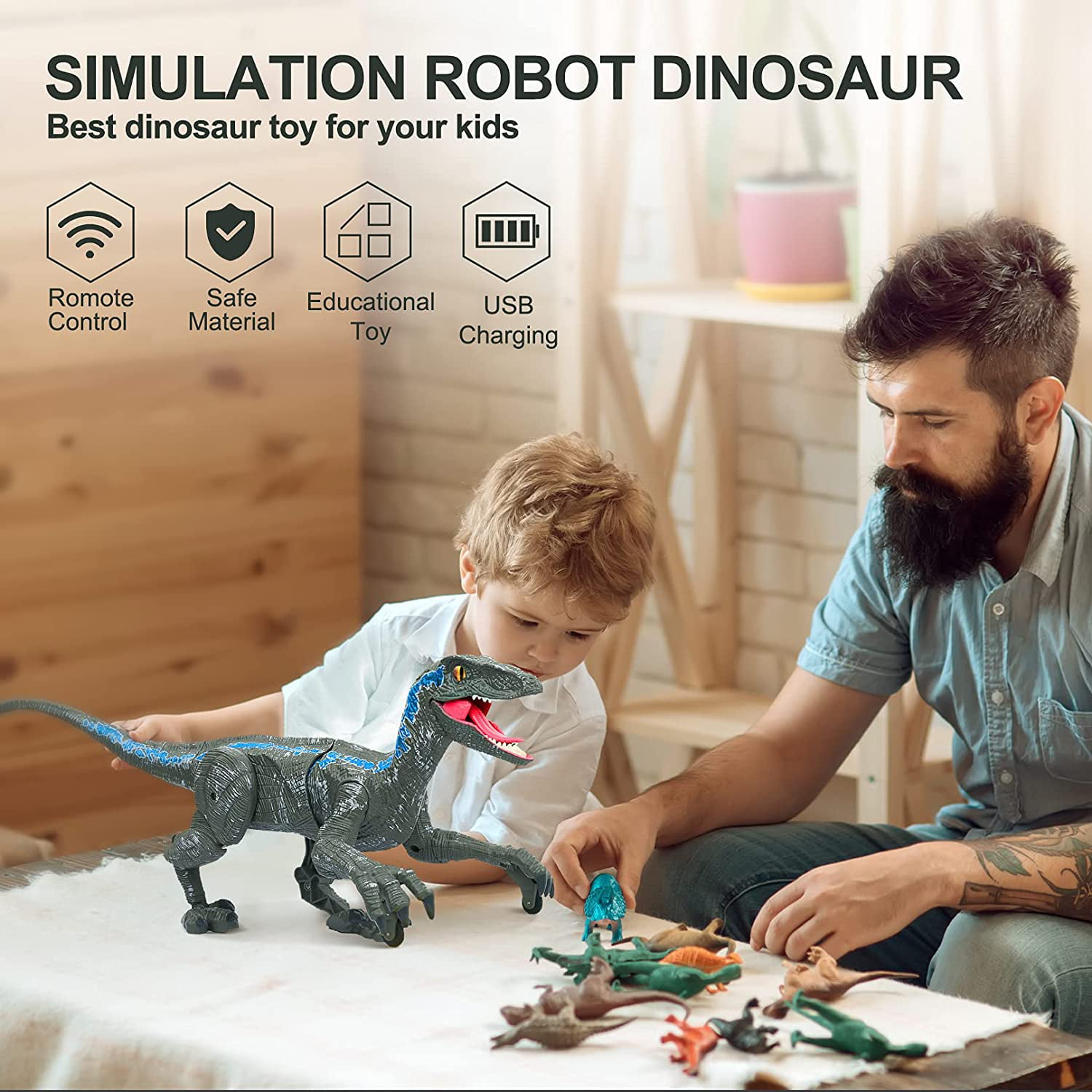 Hot Bee Remote Control Dinosaur Toys RC Dinosaur Toys for Kids 5-7 Walking Robot Dinosaur Figure 2.4Ghz Simulation Velociraptor Blue w/ LED Light & Roaring
