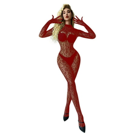 Gunia Womens Lingerie Solid Color See Through Mesh Long Sleeve Mesh Stockings Underwear for Honeymoon Wedding Night