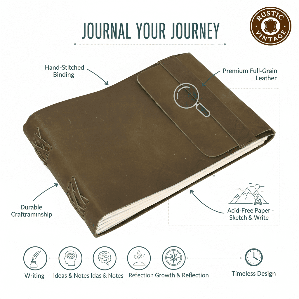 RusticVintage Leather Drawing Journal Daily Travel Diary, Antique Handmade Vintage Bound Rustic Writing Notebook, Genuine Leather- Quality Unlined/Blank Cream Paper, Art Sketchbook, 7x10 Inches-Green