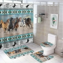 Beautiful Horses 4 Pcs Waterproof Shower Curtain Set,Realistic Modern Winter Forest Farm Animal Horse Blue Flowers with Waterproof Toilet Cover Shower Mat Rugs